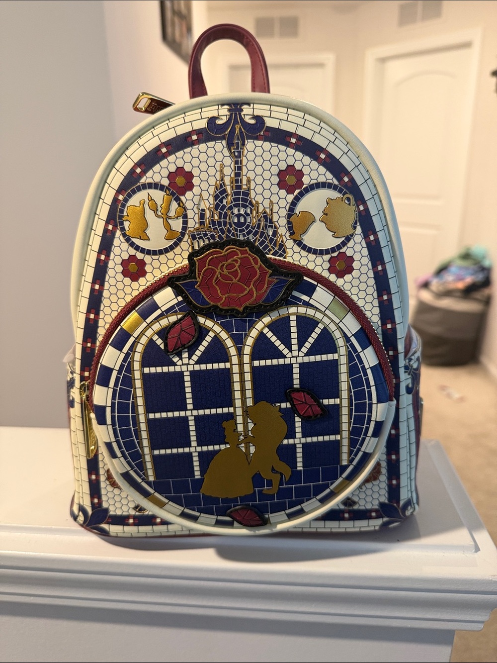 Beauty and the Beast loungefly Mosaic Print Mini Backpack - White/Navy/Gold